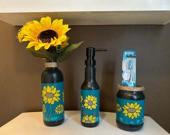 Hand-painted sunflower themed bathroom decor.  Free shipping.