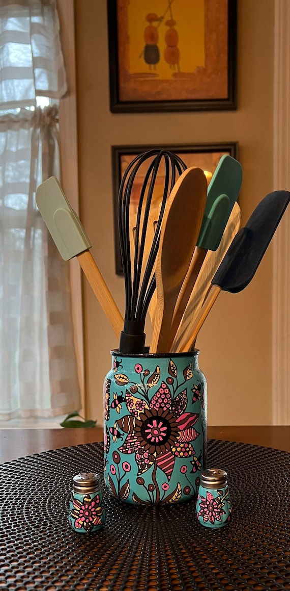 Hand-painted Utensil Holder With Matching Mini Salt and Pepper