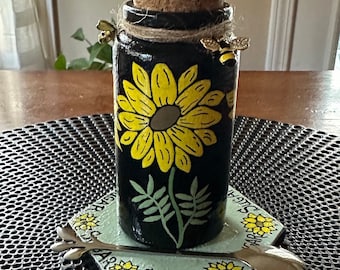 Hand-painted glass sugar jar with marble base.  Free shipping.