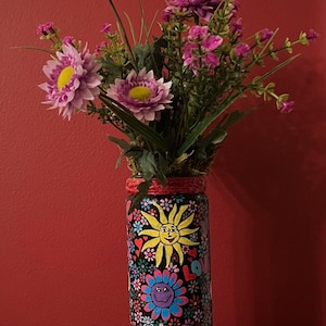 Hand-painted Hippie themed vase.