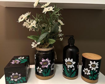 Hand-painted 4 piece floral themed bathroom set.  Free shipping.