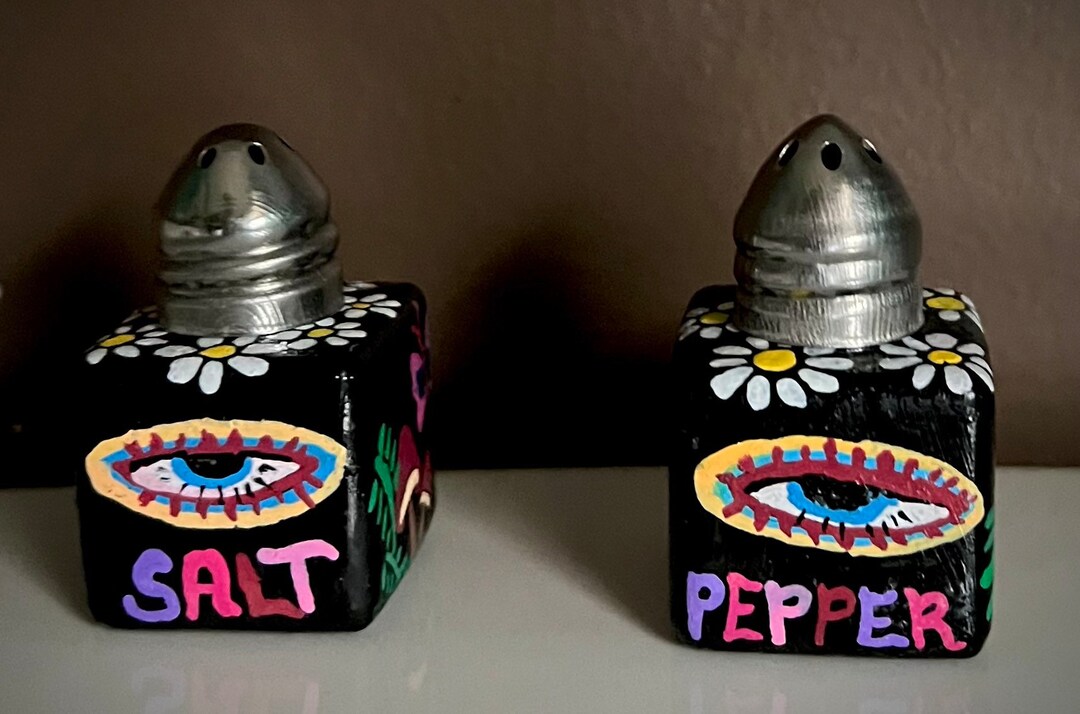 Hippie Decor Handpainted Mini Salt and Pepper Shakers. Free Shipping