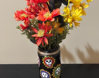 Halloween/Skull themed vase with faux flowers