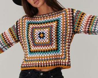 Granny Square Sweater, Crop sweater, Knit Sweater, Mohair sweater, Colorful Sweater, Crochet Sweater Pattern Women, Crochet Sweater Women