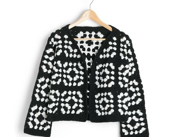 Granny Square Cardigan, Afghan Jacket, Granny Square Jacket, Knit Cardigan, Cropped Cardigan, Black and White Cardigan