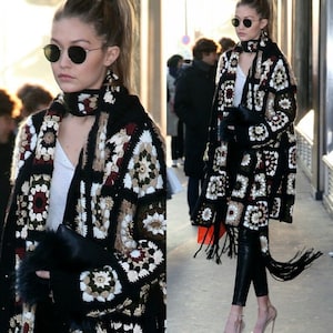 Gigi Hadid Coat, Granny Square Cardigan, Knit Dress Jacket, Granny Square Coat, Granny Square Scarf, Boho Cardigan, Boyfriend Cardigan