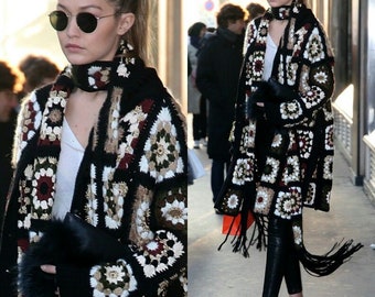 Gigi Hadid Coat, Granny Square Cardigan, Knit Dress Jacket, Granny Square Coat, Granny Square Scarf, Boho Cardigan, Boyfriend Cardigan