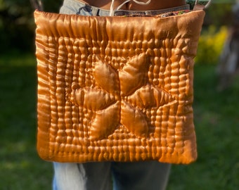 Fabric Shoulder Bag, Cork Shoulder Bag, Quilted Shoulder Bag, Bohemian Bag, Vintage Satin Fabric, Taupe Handbag, Mini Handbag