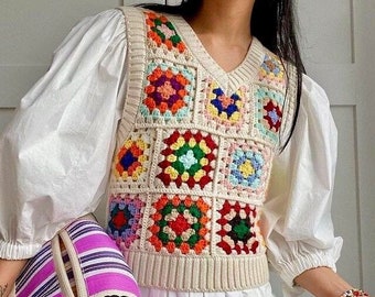 Granny Square Vest, Vintage Quilted Waistcoat, Sweater Vest, Crochet Sweater Vest, Patchwork Sweater, Patchwork Vest, Hand Knit Vest