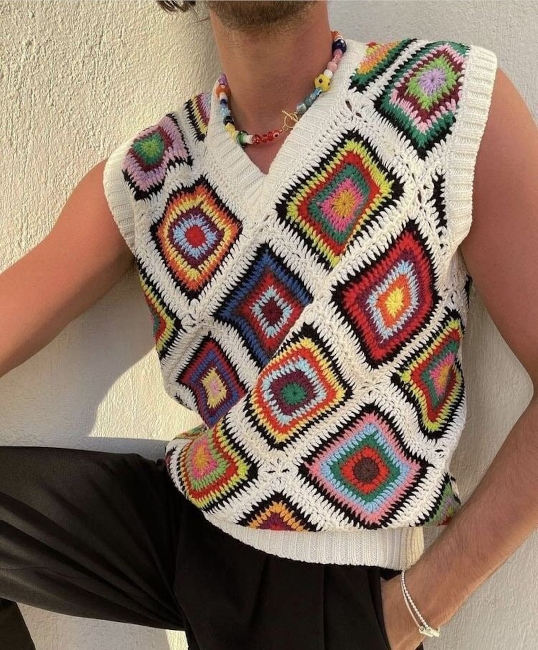 Utility Vest Men, Mens Sweater Vest, Crochet for Men, Granny Square Vest, Vintage Quilted Waistcoat, Sweater Vest, Crochet Sweater Vest