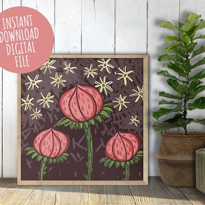 Instant Download Digital File / Blossoming Hearts / Digital Art Print / Illustration / Home Decor Printable / Wall Art Print / flowers