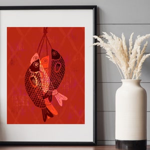 Fishes Fine art / home decor /Wall Art Print / Red /  Vintage  illustration / 8 x 10 in / 11 x 14 in / 16 x 20 in