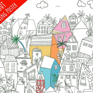 Giant Coloring Poster / Houses coloring / creative coloring page / Easter Activity / Large coloring for kids / poster printable 36 x 48 in