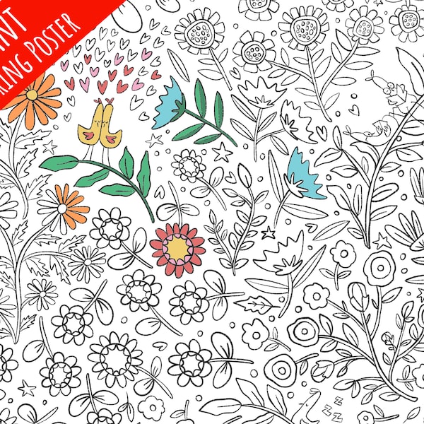 Giant Coloring Poster / Flowers coloring / creative coloring page / Spring Activity / Large coloring for kids / poster printable 36 x 48 in