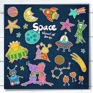 Space Clipart Set / graphics bundle / PNG files / Stickers for kid / digital clipart, crayons clipart / space birthday set / School supply