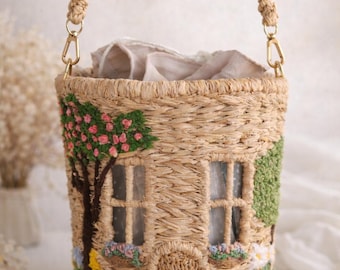 Embroidered Raffia Cottagecore House Bucket Bag, Handwoven Summer Purse