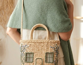 Cottagecore House Straw Bag|Handwoven Raffia Bag