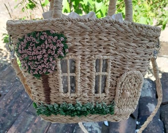 Handmade Embroidered Wicker House Bag | Natural Raffia Tote | Boho Summer purse
