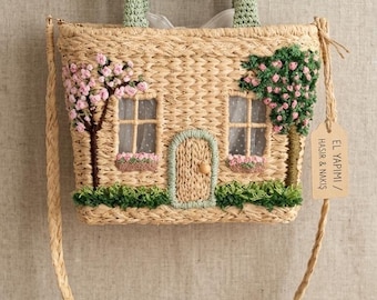 Handmade Cottagecore Raffia Bag, Floral Embroidered Straw Purse, Boho Summer Handbag