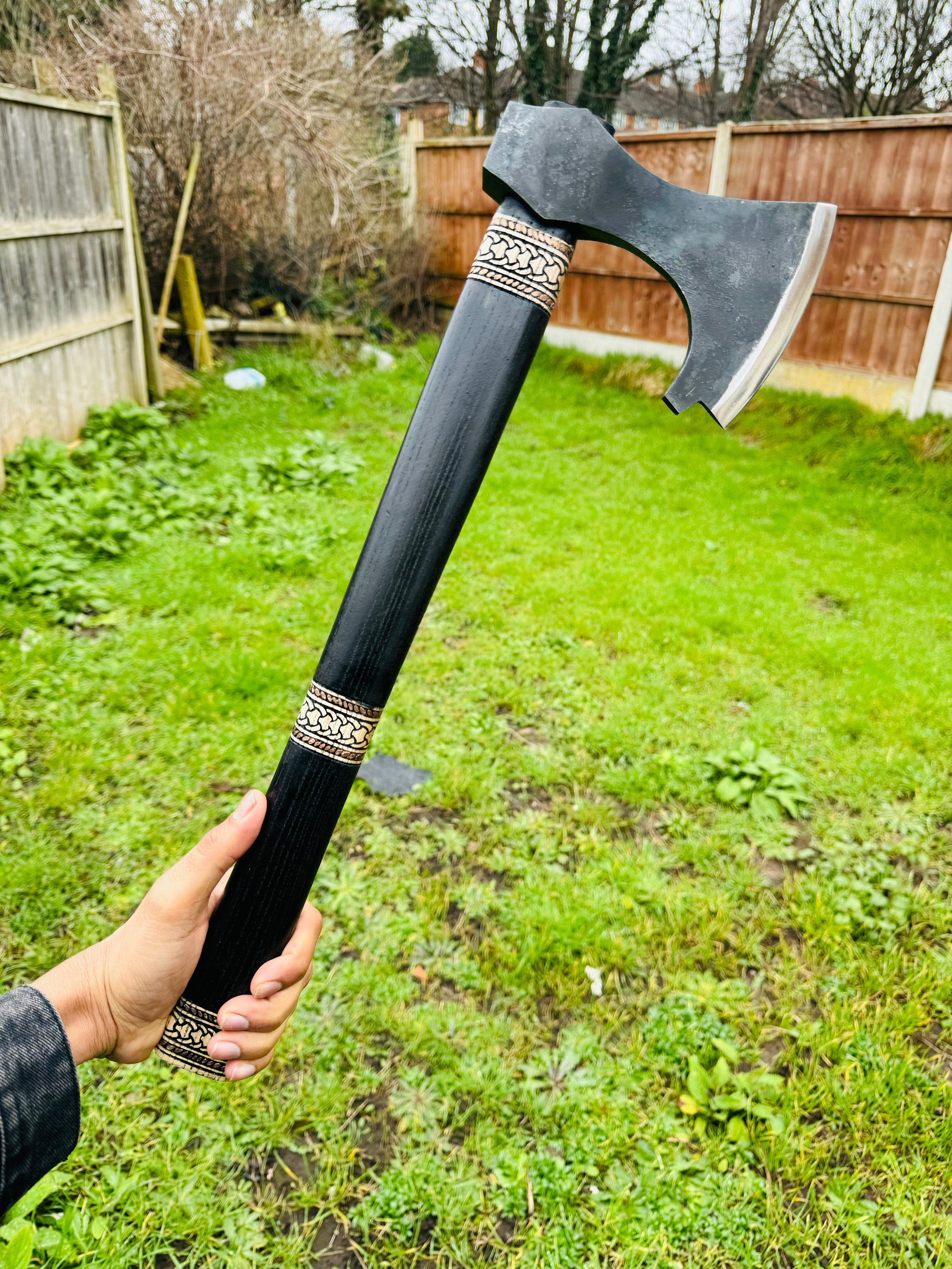 Carbon Steel Axe Custom Handmade Best Steel Axe Black Wood Handle and Leather Sheath Included