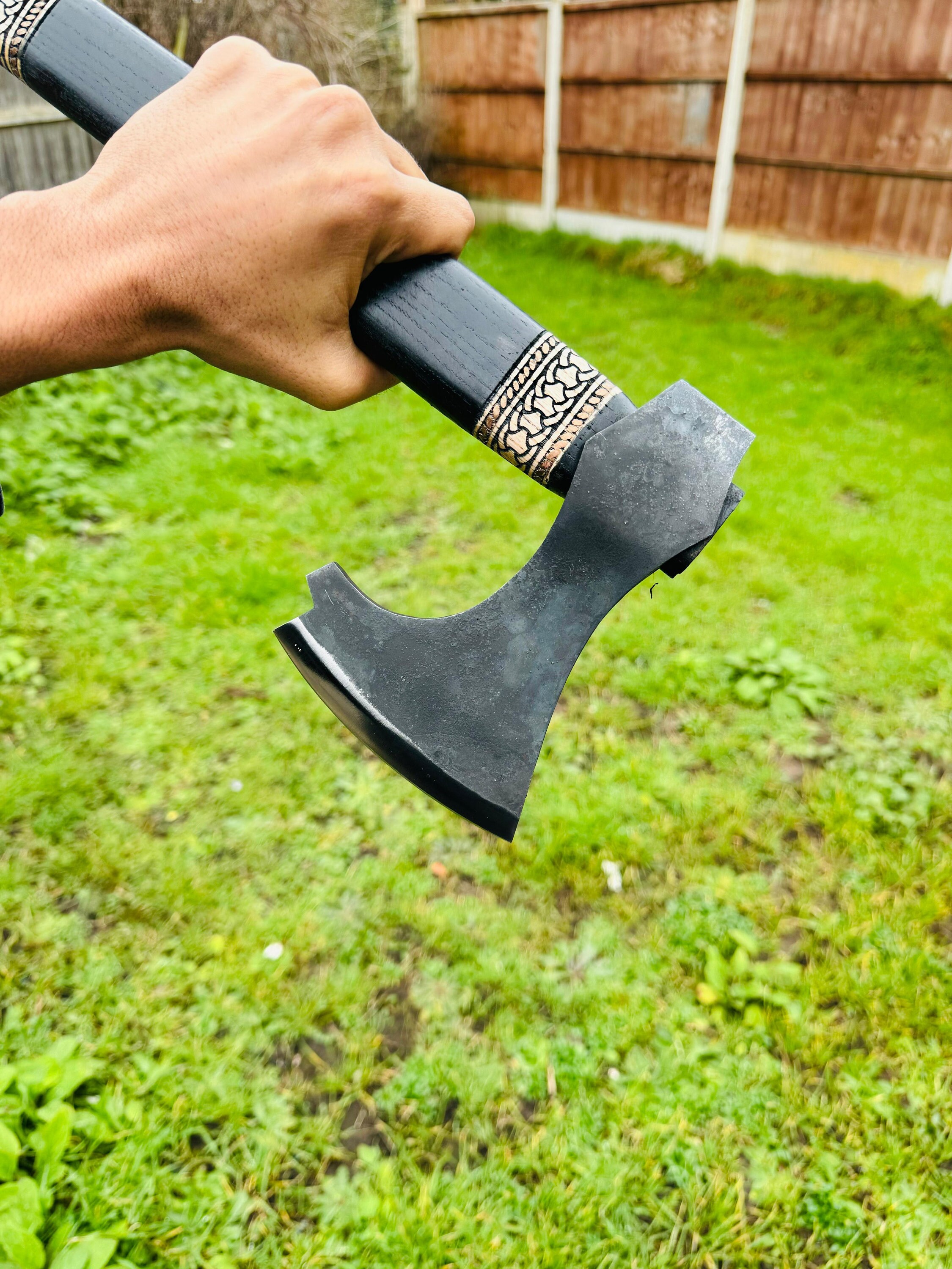 Carbon Steel Axe Custom Handmade Best Steel Axe Black Wood Handle and Leather Sheath Included