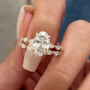 3CT Oval Moissanite Engagement Ring Set 14K Yellow Gold Oval Cut Moissanite Ring For Women Marquise Half Eternity Wedding Band Ring Set