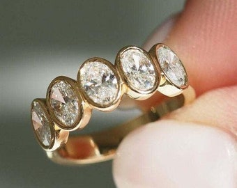 Oval Five Stone Band 2.5TCW Oval Cut Colorless Moissanite Diamond Five Diamond Bezel Set Band 14k Yellow Gold Stacking Band Gift For Her