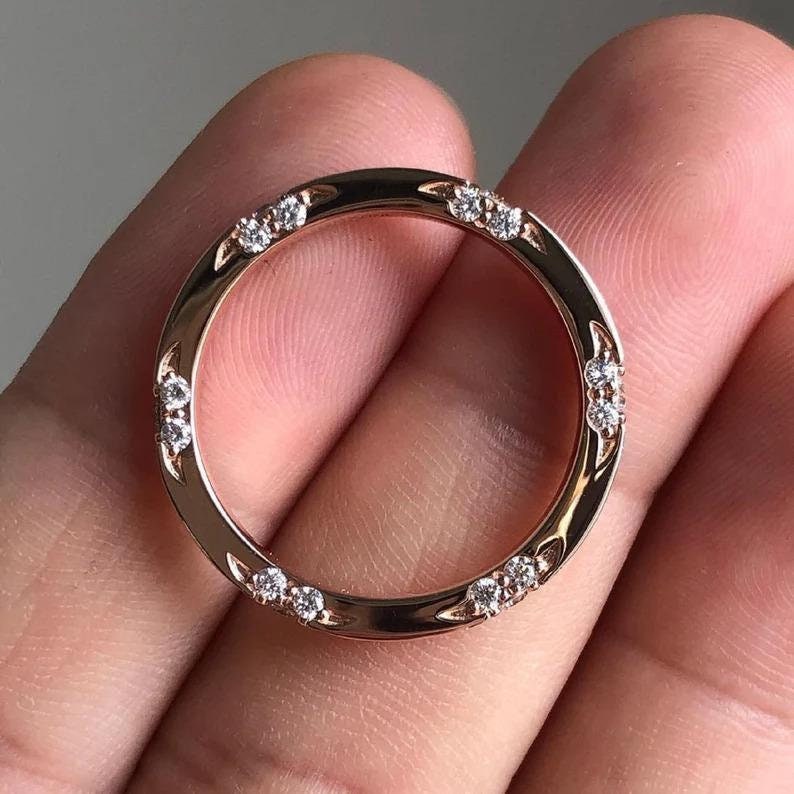 Art Deco Diamond Wedding Band Vintage 14K Yellow Gold Band, Unique Wedding Band Stacking Matching Band Anniversary Rings for Women