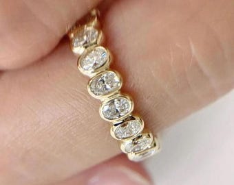 Bezel Set Oval Cut Moissanite Wedding Band Full Eternity Stacking Band Minimalist Anniversary Band Unique Gold Jewelry For Women