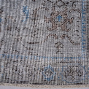 May include: Close-up of a light gray rug with a blue and brown floral pattern. The rug has a fringe border.