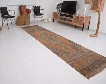 3x11 Rug, Vintage Runner Rug, Turkish Rug, Oushak Rug, Natural Runner Rug, Old Rug, Runner Rug, Wool Runner, Neutral Rug,Muted Rug 3x11,1122