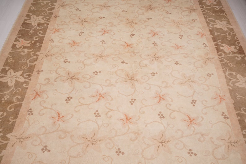 May include: A beige area rug with a floral pattern. The rug has a brown border with a vine and leaf design.