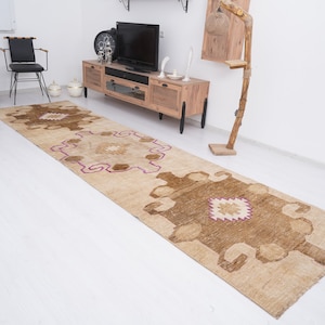 Handmade Vintage Runner Rug 4x13, Long Turkish Rug Runner, Faded Oushak Wool Runner,4x13 Runner,Antique Hallway Carpet, Muted Boho Decor,914