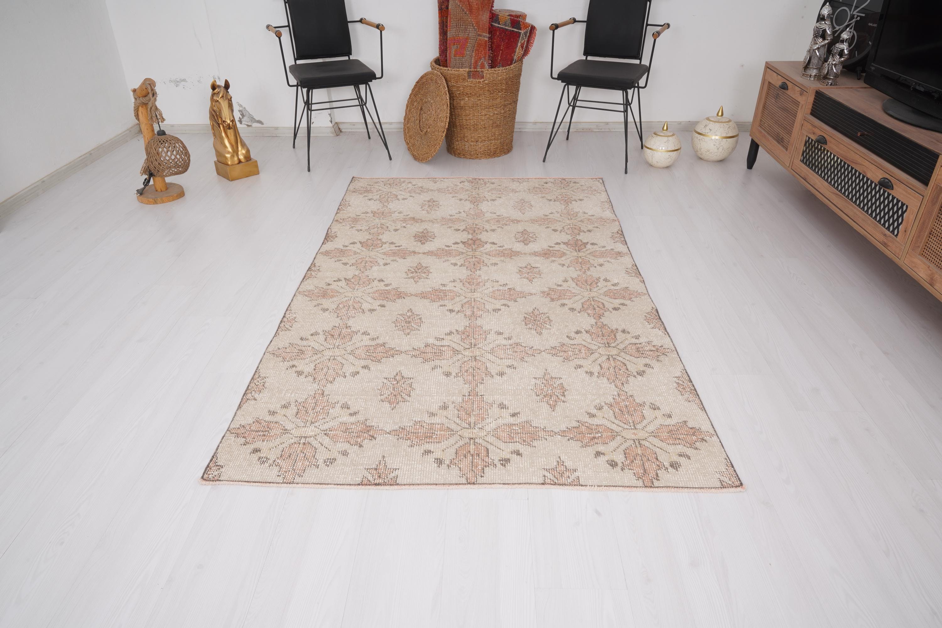 Vintage Turkish Rug 4x7, Faded Anatolian Oushak Carpet, Handmade