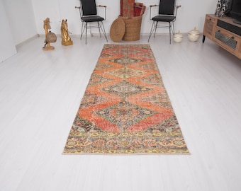 Natural Runner Rug, Handmade Vintage Runner 3x10, Turkish Runner Rug, Oushak Runner Rug, 3x10 Runner Rug, Muted Rug Runner, Hallway Rug,366