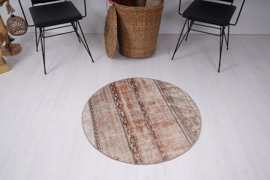 3x3 Circle Rug, Small Vintage Rug, Small Oushak Rug, Turkish Small Rug ...