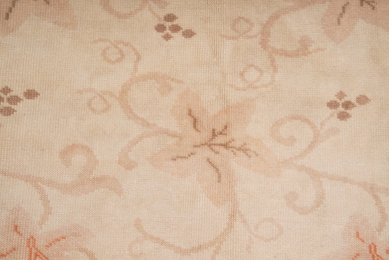 May include: A close-up of a beige rug with a floral pattern. The pattern is made up of brown and beige swirls and leaves.