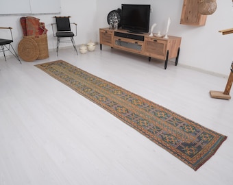 May include: A long, rectangular rug with a detailed geometric pattern in shades of green, orange, and blue. The rug is placed on a white floor, and the design features repeating shapes and borders. The rug is a decorative element for a home.