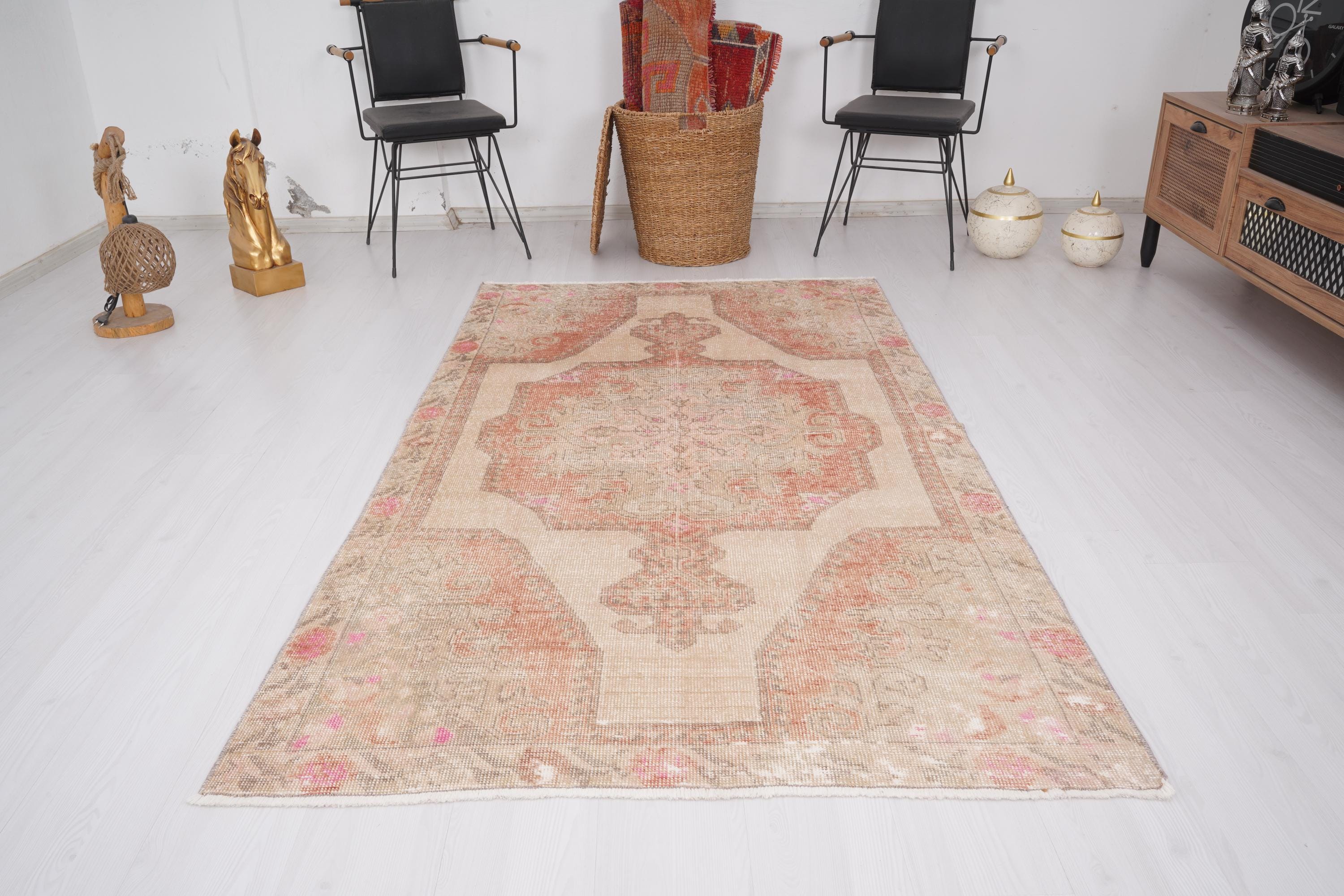 Anatolian Turkish Rug 4x8, Faded Oushak Handmade Area Carpet