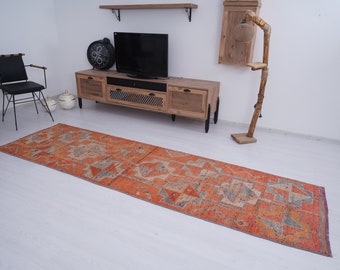Alfombra de pasillo vintage, alfombra Oushak, alfombra Herki, alfombra turca de 3 x 10, alfombra de pasillo de 3 x 10, alfombra antigua, alfombra de Anatolia, alfombra de pasillo descolorida, alfombra de lana, 152