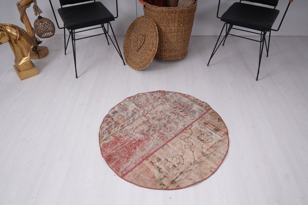 3x3 Round Rug, Vintage Rug, Turkish Small Rug, Small Oushak Rug ...