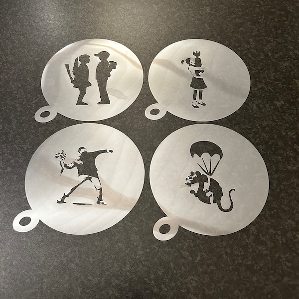 Banksy Coffee Stencils, Choice of 6 designs, Cappuccino, Duster, Girl with Balloon, Panda, Paratrooper,