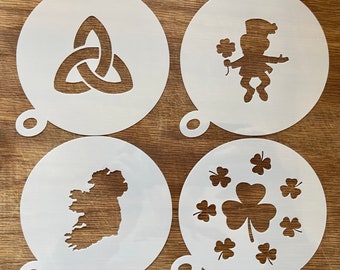 Ireland Shamrock Coffee Stencil, Cappuccino, Coffee Duster, Paddy’s Day, St Patrick, Guinness, Leprechaun, Harp, Choice of 5 designs
