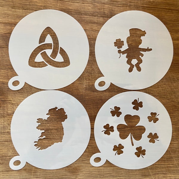 Ireland Shamrock Coffee Stencil, Cappuccino, Coffee Duster, Paddy’s Day, St Patrick, Guinness, Leprechaun, Harp, Choice of 5 designs