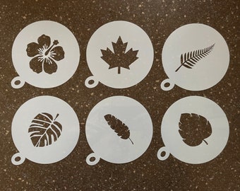 Leaf Coffee Stencil, Cappuccino, Coffee Duster, choice of 6 designs. Maple Leaf, Banana, Monstera, Fern, Hibiscus, Palm stencils