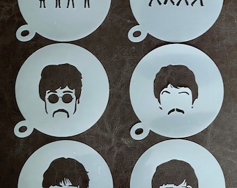 Pochoir café Beatles, cappuccino Fab Four, plumeau, Liverpool, pochoir gâteau | Choix de 6 modèles | Enveloppe cadeau