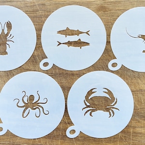 Seafood Coffee Stencil, Cappuccino, Coffee Duster, chowder choice of 5 designs. Lobster, Crab, Fish, Prawn, Octopus, Shrimp stencils