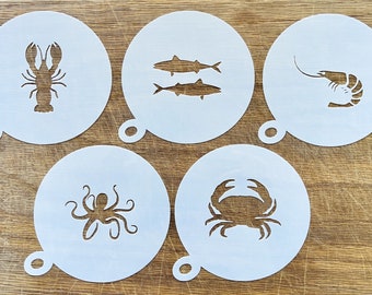 Seafood Coffee Stencil, Cappuccino, Coffee Duster, chowder choice of 5 designs. Lobster, Crab, Fish, Prawn, Octopus, Shrimp stencils