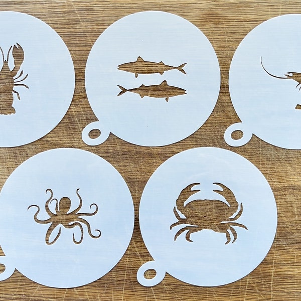 Zeevruchten koffie stencil, cappuccino, koffie stofdoek, chowder keuze uit 5 ontwerpen. Kreeft, Krab, Vis, Garnaal, Octopus, Garnalenstencils