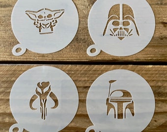 Star Wars Coffee Stencil, Cappuccino, Coffee Duster, Mando, Baby Yoda, choice 14 designs